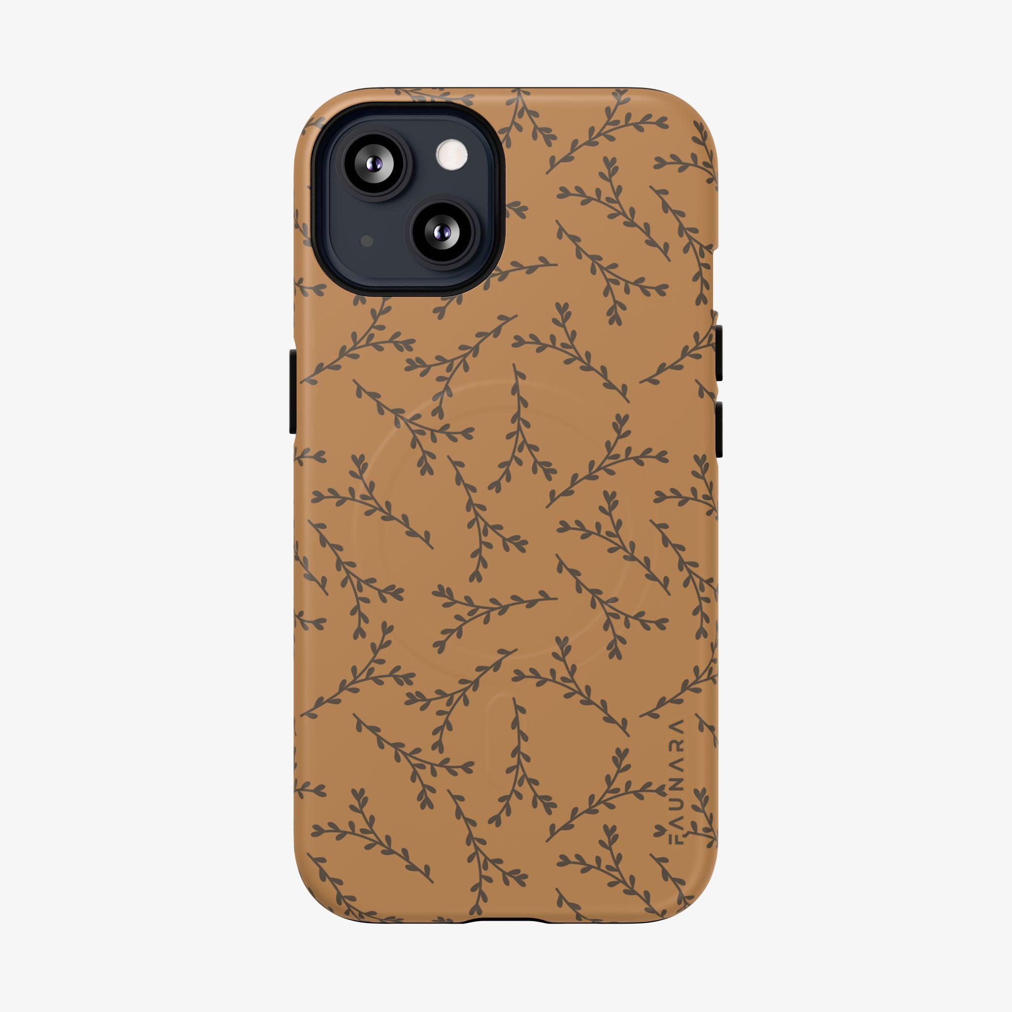 Phone case with a brown background and black leaf pattern