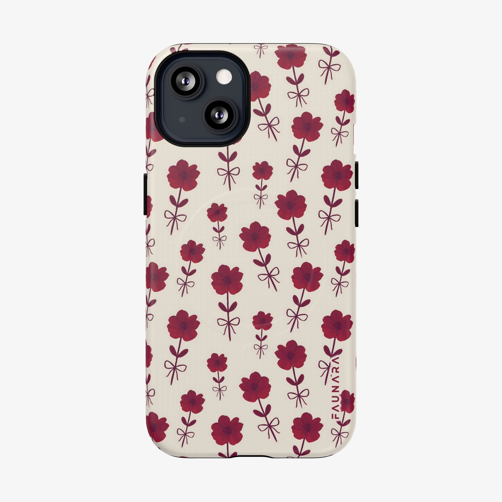 Phone case with red floral pattern on a beige background