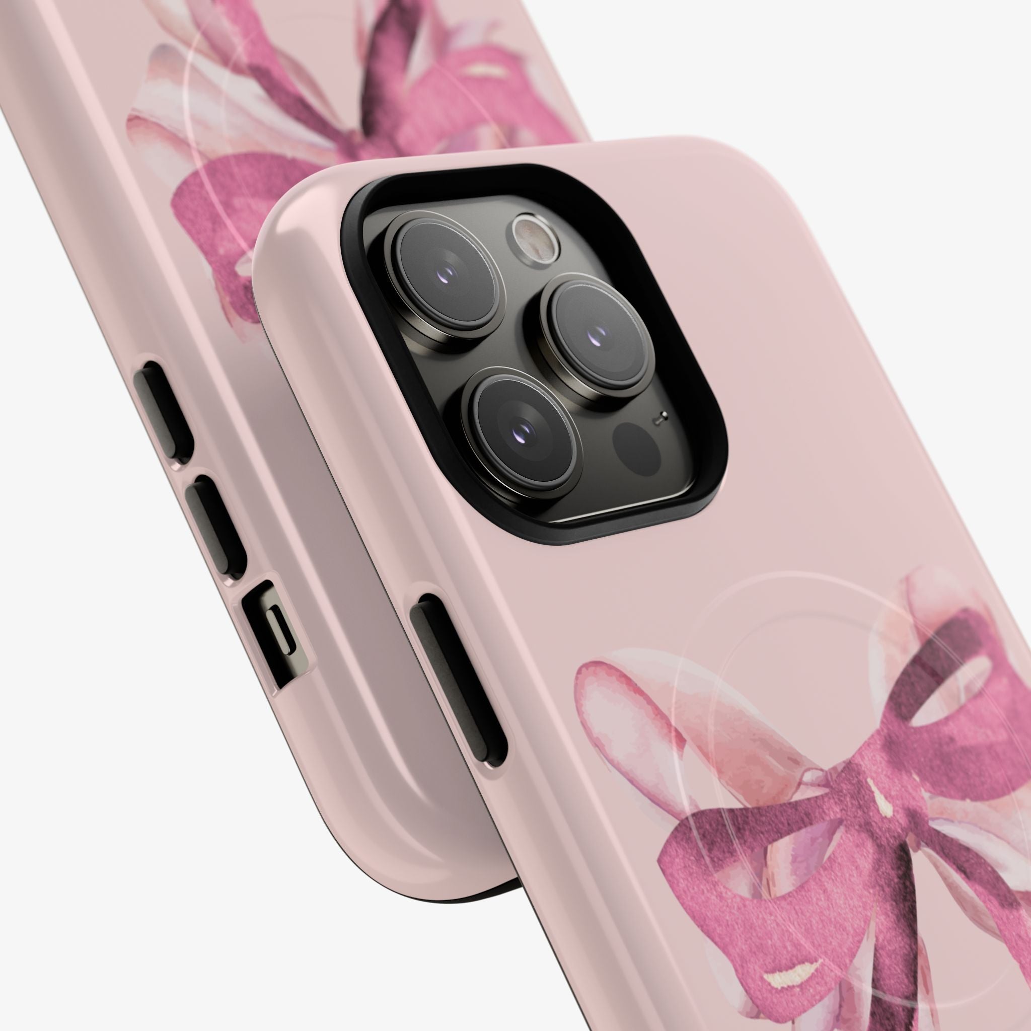 Close-up of a pink phone case with a watercolor-style ballerina ribbon design, showcasing the camera cutout, featuring Ballerina (Pink) | Signature Series Phone Case (MagSafe) for stylish and protective phone accessories.