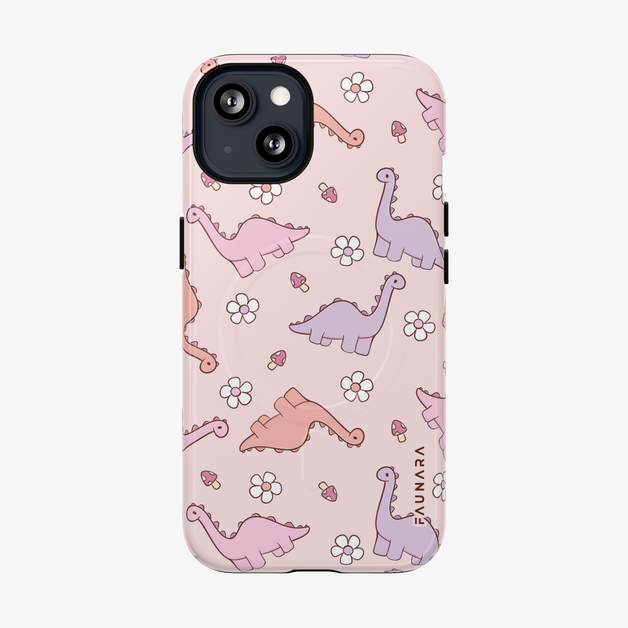 Jurassic Bloom Signature Series Phone Case (MagSafe) pink glossy phone case with dinosaur and floral art