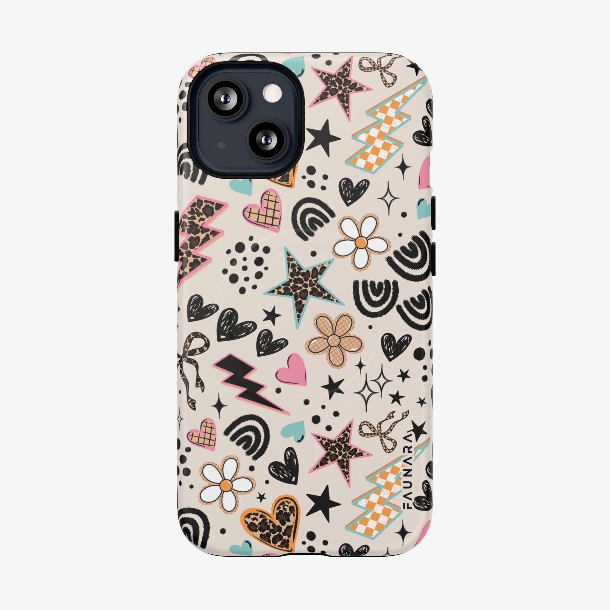 Phone case with colorful doodle pattern on a beige background