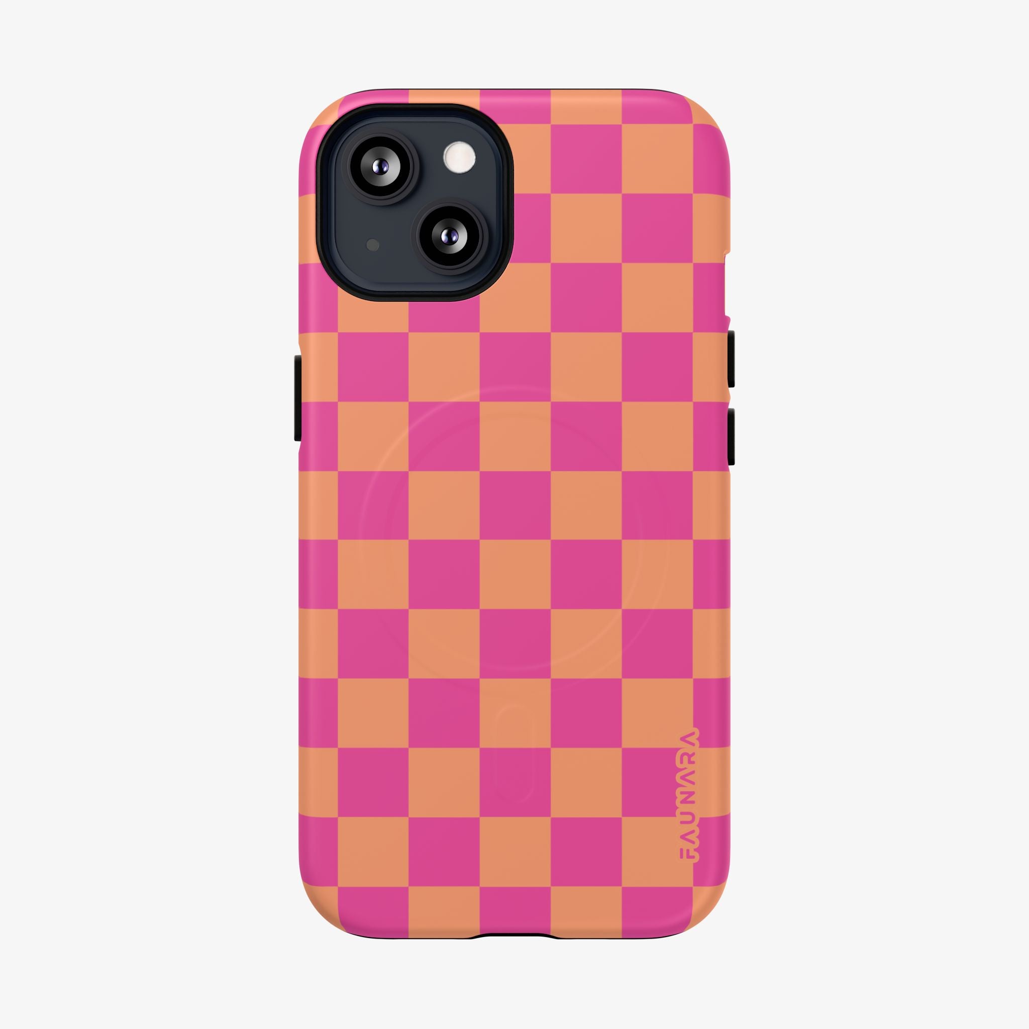 Phone case with pink and orange checkered pattern