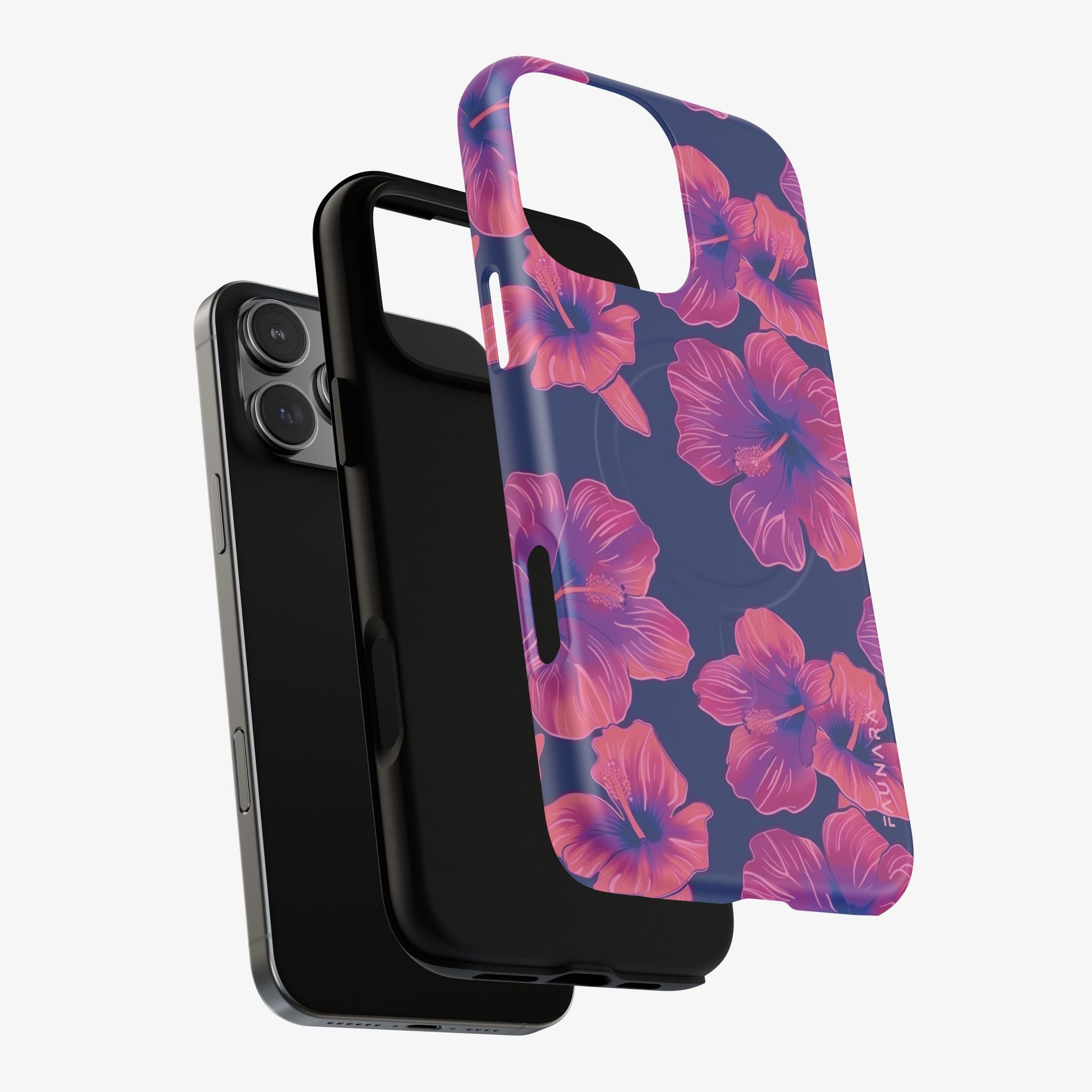 Maui Mood | Signature Series Phone Case (MagSafe) featuring a vibrant pink and purple hibiscus floral pattern on a dark blue background, offering stylish and protective phone case accessories.