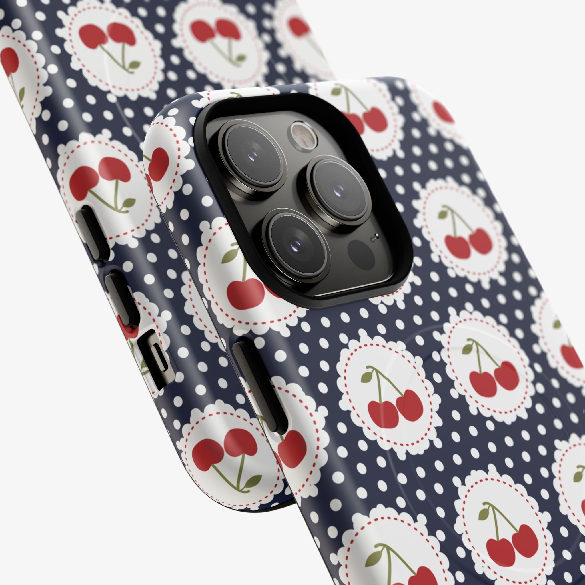 Picnic Preserves Navy Signature Series phone case with MagSafe, navy dots and cherry preserves