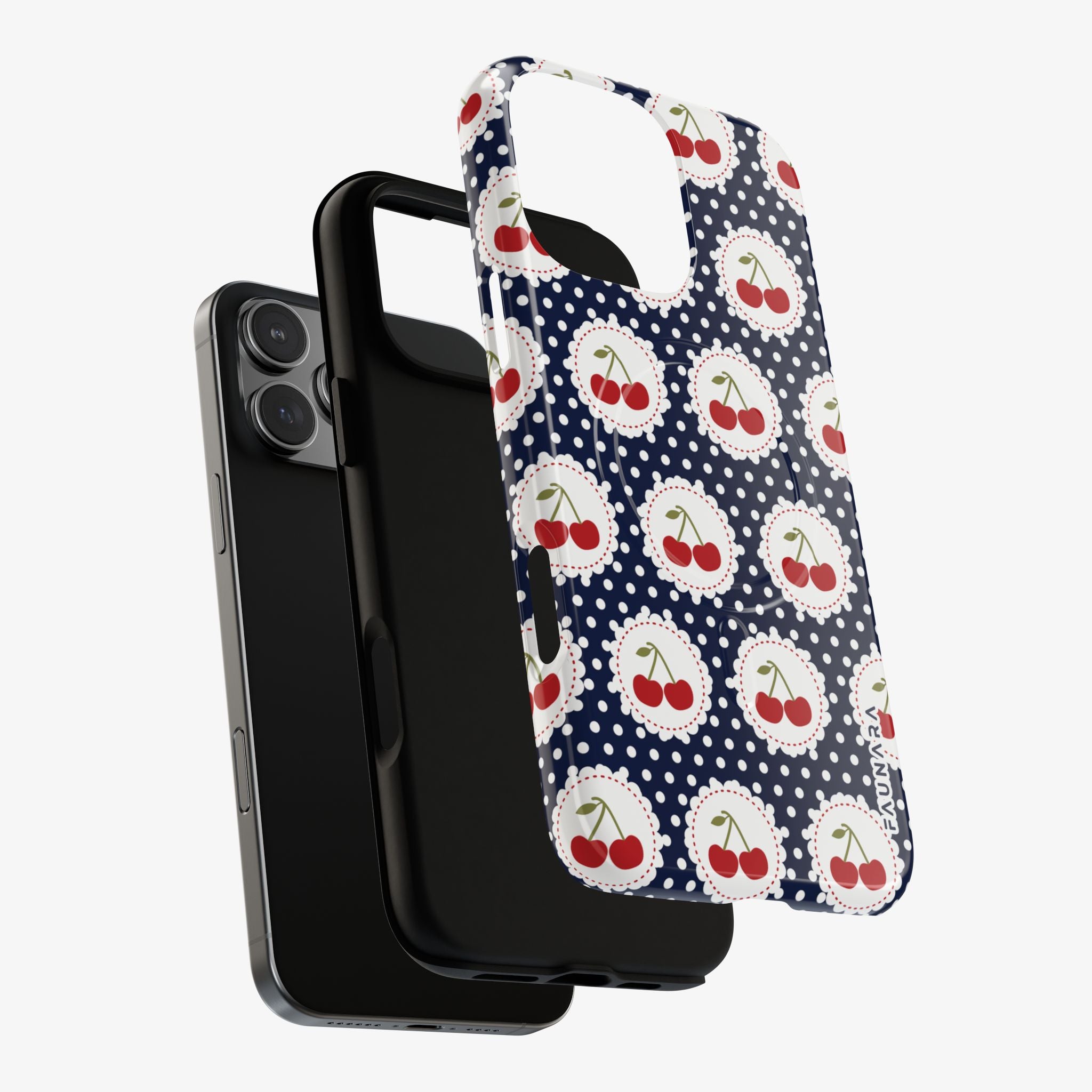 Picnic Preserves (Navy) Signature Series phone case with MagSafe, glossy dots and cherry pattern