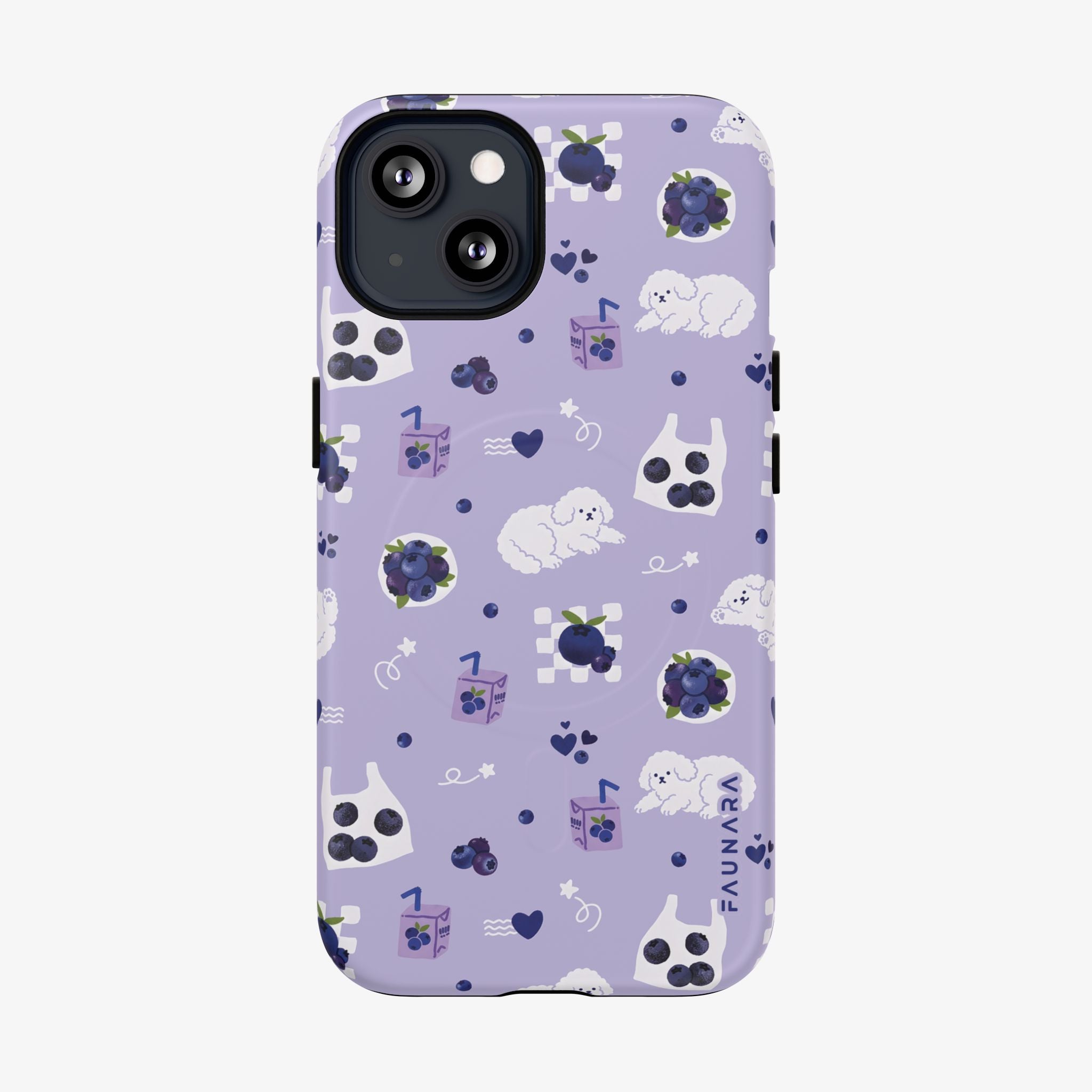 Phone case with blueberry and dog pattern on a purple background