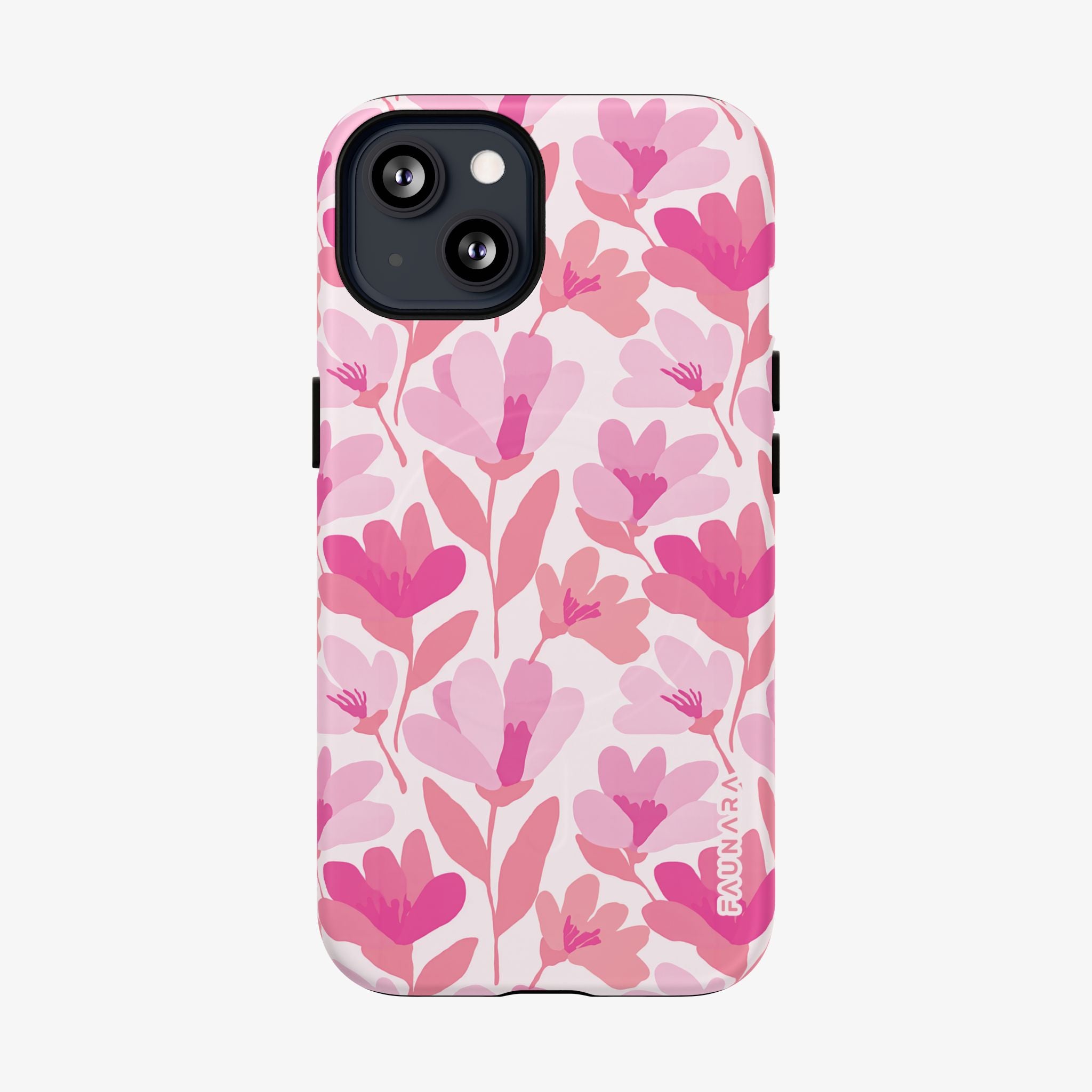 Phone case with pink floral pattern on a white background