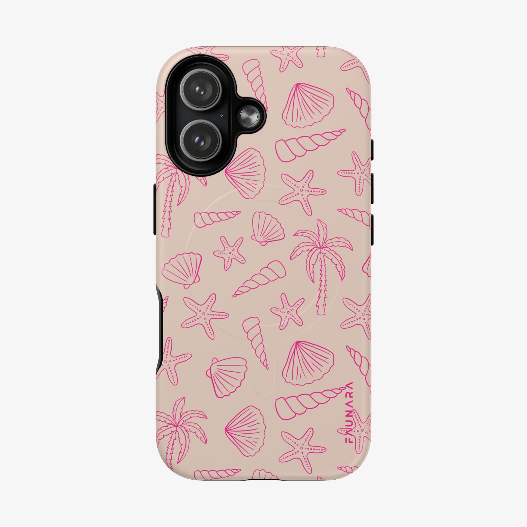 Shoreline | Signature Series Phone Case (MagSafe) featuring a beige background with pink outlined seashells, starfish, and palm tree patterns for a stylish and protective design.