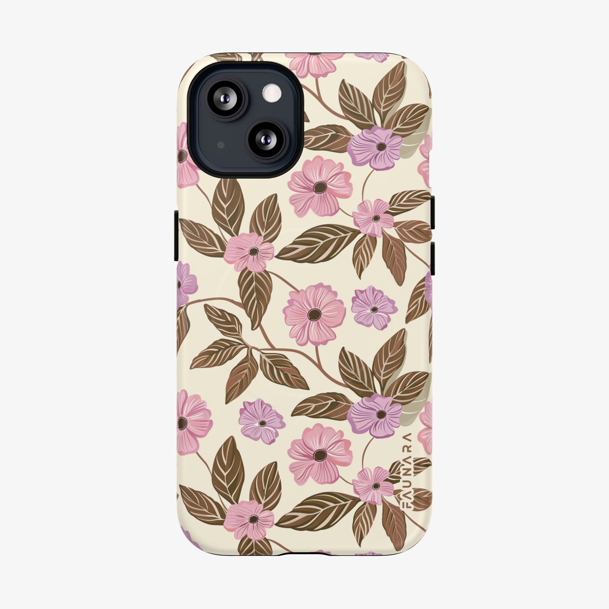 Floral Fable | Signature Series Phone Case (MagSafe) phone case with pink flowers and brown leaves on cream