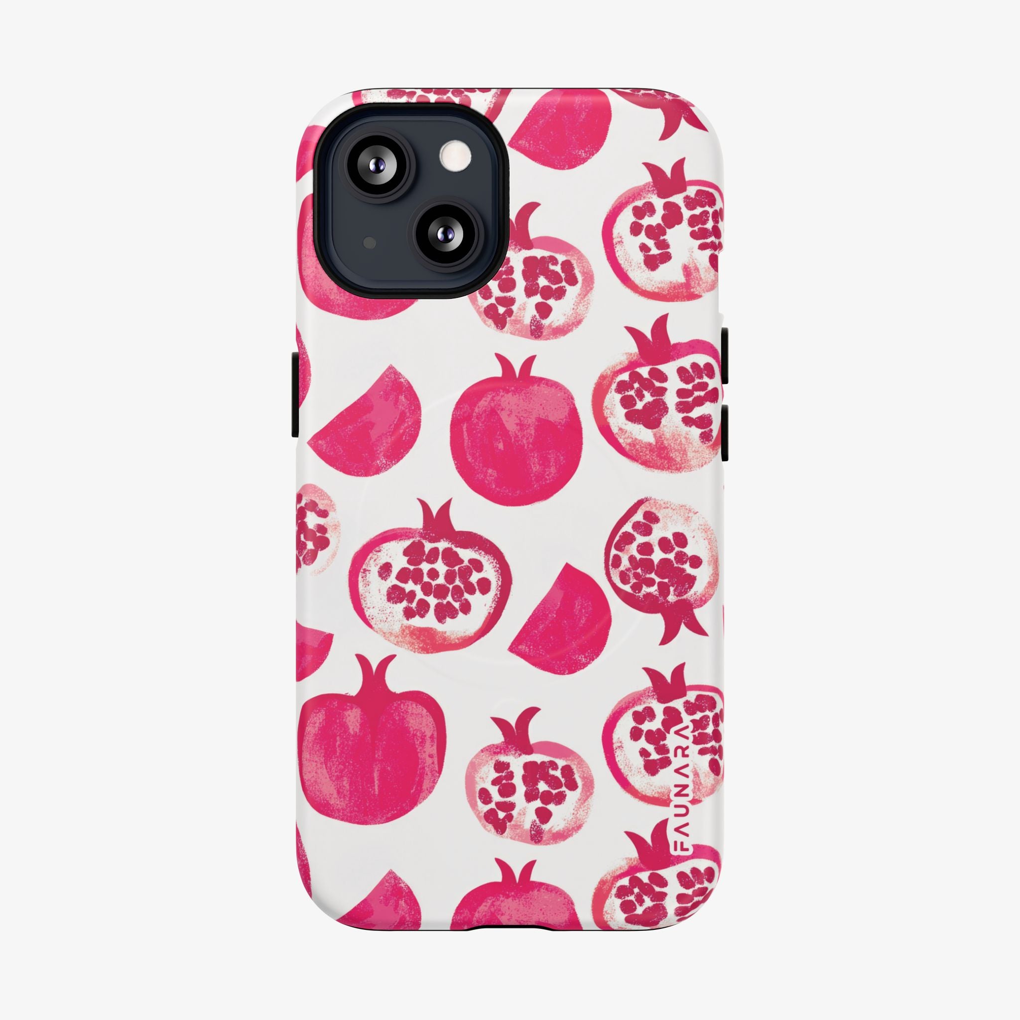 Phone case with pink pomegranate pattern on a white background