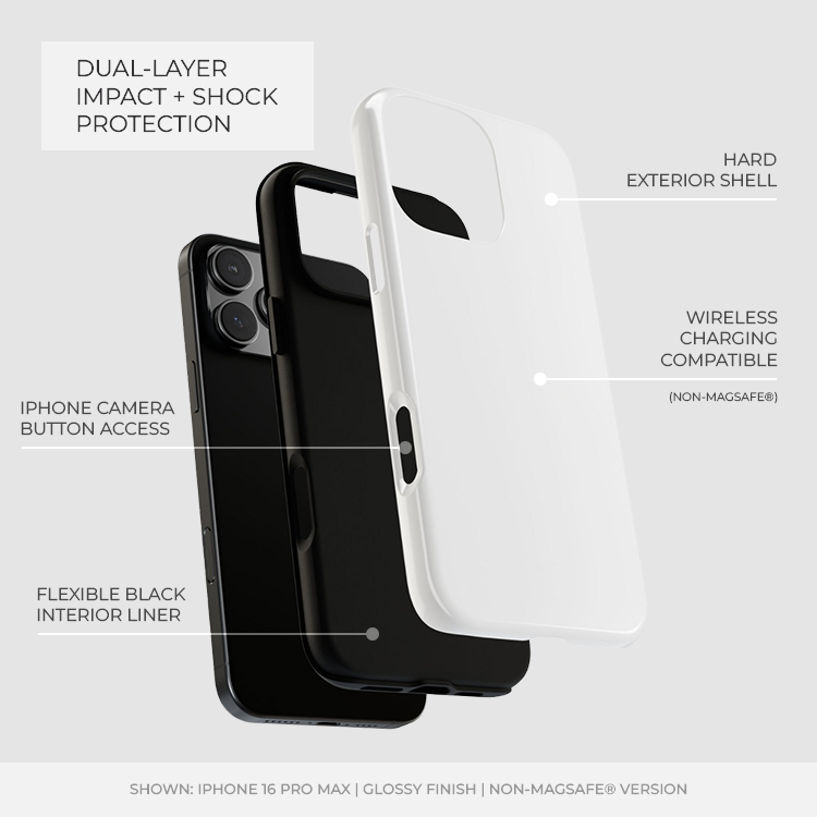 Phone case with glossy white and black back covers, showing camera cutouts and button access on phones