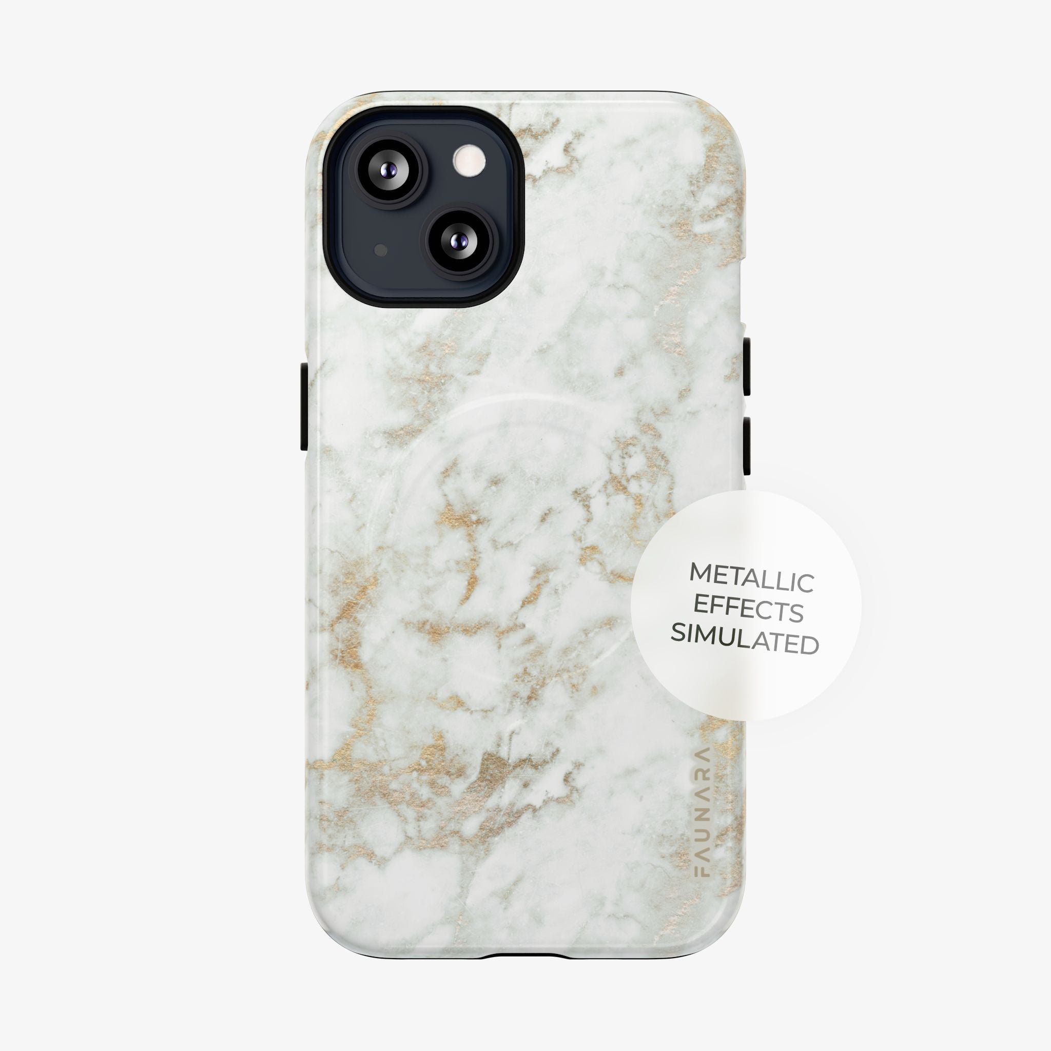 Palazzo Signature Series Phone Case (MagSafe) glossy white marble phone case with gold flecks, visible camera cutouts.